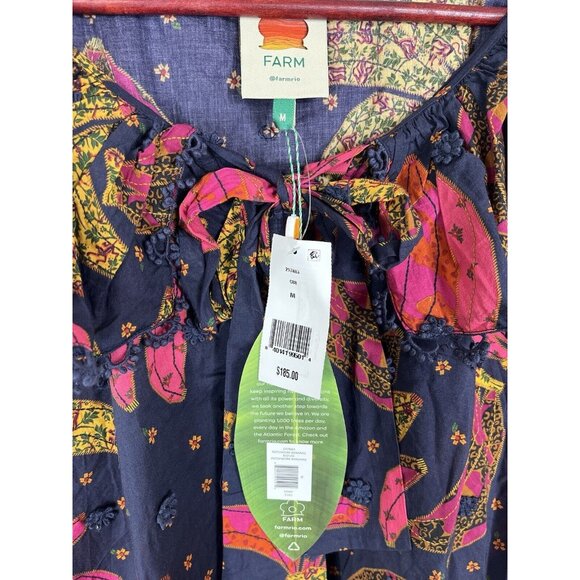 FARM RIO Women's Navy Patchwork Banana Ruffle Tie Neck Embroidered Blouse NWT M - Picture 5 of 6